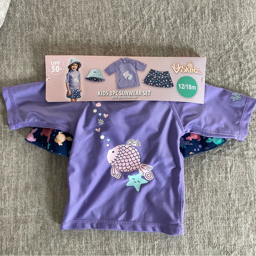 NWT UV Skinz Kids 3 Piece Sun Wear Set With Removable Hat Size 12-18 Months